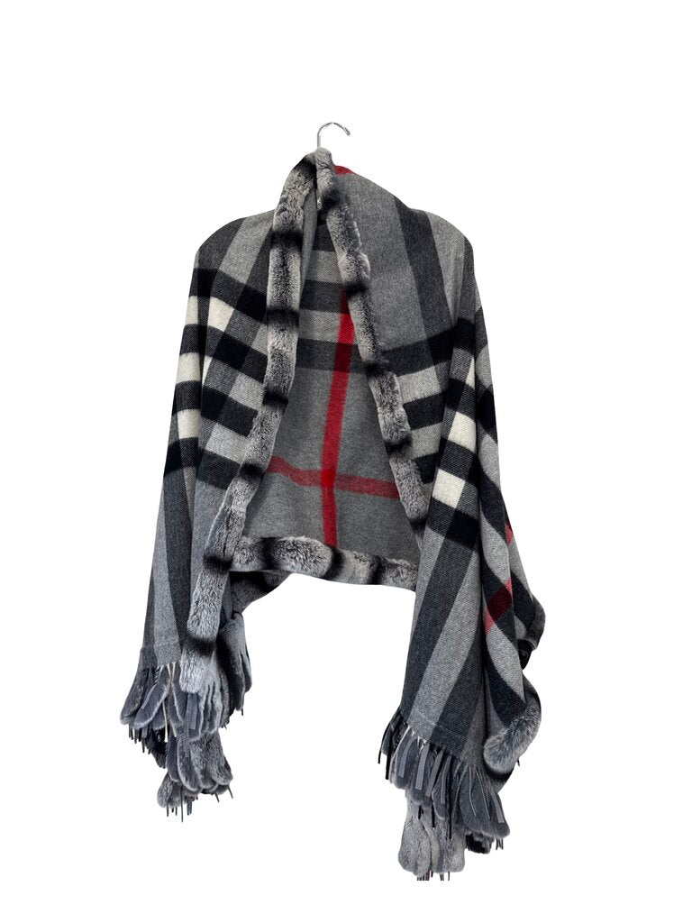 Fox Trim Plaid Cashmere Shawl