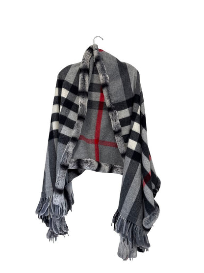 Fox Trim Plaid Cashmere Shawl