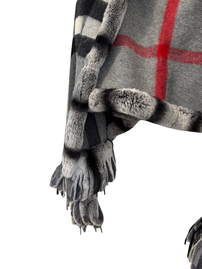 Fox Trim Plaid Cashmere Shawl