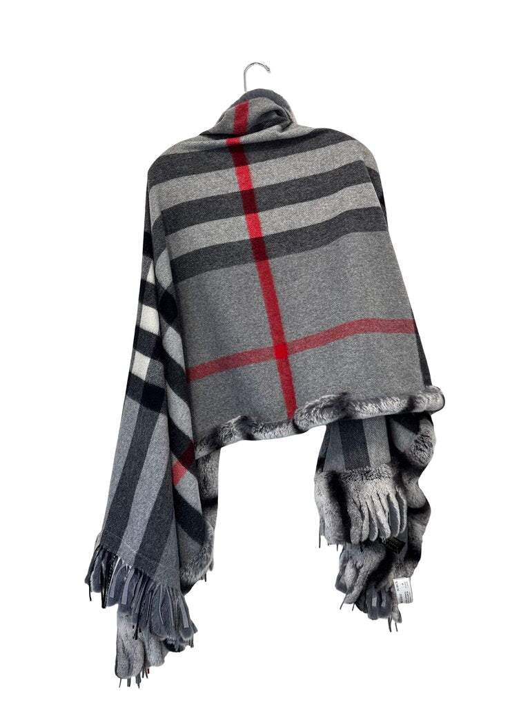 Fox Trim Plaid Cashmere Shawl