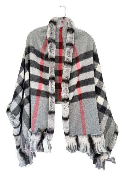 Fox Trim Plaid Cashmere Shawl